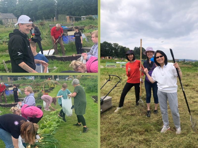 photos of smiling people holding various gardening tools and doing gardening tasks in the community allotments