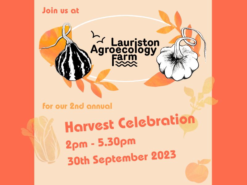 Hand drawn vegetables and leaves frame the Lauriston Agroecology Farm logo. The text reads: join us for our second annual Harvest Celebration, 2pm-5.30pm, 30th September 2023