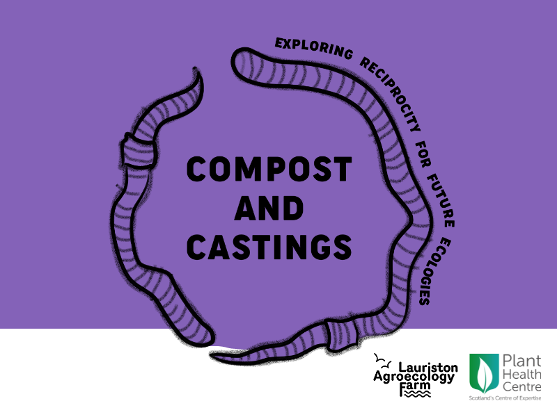On a purple background, black outline hand-drawn worms make a circle around the words: Compost and Castings. Around them on the outside edge are the words: Exploring Reciprocity for Future Ecologies. The Lauriston Agroecology Farm, and the Plant Health Centre logos, are bottom right.