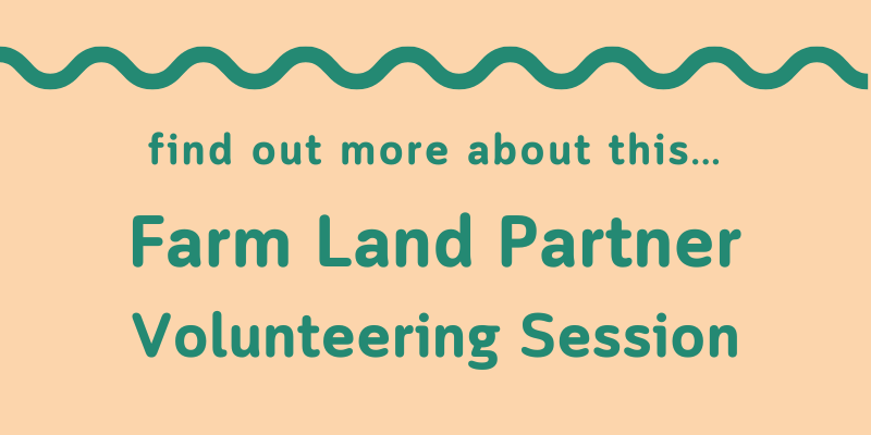 A green wavy line on a peach-coloured background. The text reads: Find out more about this Farm Land Partner Volunteering Session