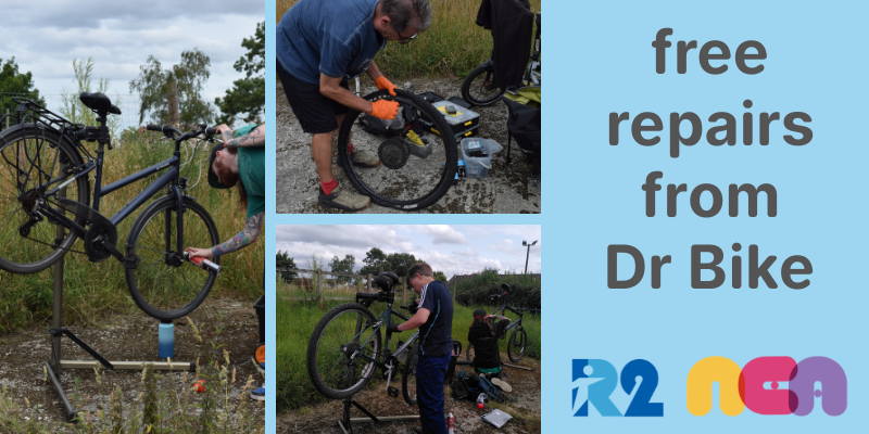 Three photos of mechanics working in the farmyard on bikes - one fixing a flat tyre, and the others show bikes up on stands getting various treatments. The text reads: free repairs from Dr Bike with the R2 and North Edinburgh Arts logos below