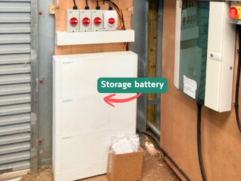 A photo of the solar panel storage battery on the inside of the pack shed. It fits neatly beside the door.