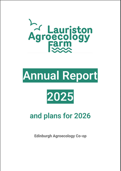 Cover of the Annual report - the Lauriston Agroecology Farm logo is at the top. The text reads: Annual Report 2025 and plans for 2026. Edinburgh Agroecology Co-op