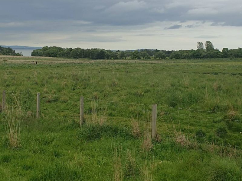 Website800x600px fence A photo of stock fencing, with grassy ground either side. Two people are visible in the distance, and beyond, the Firth of Forth