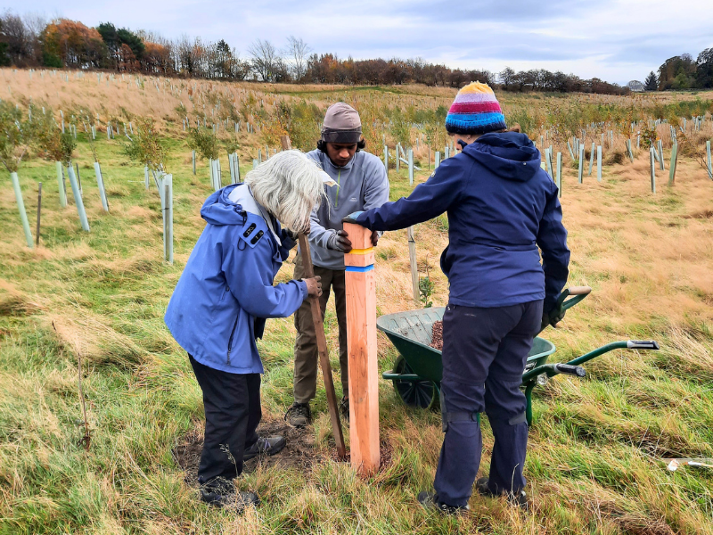 Volunteers working together to install a walking route waymark