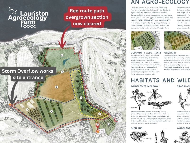 Website800x600px Route and works map A graphic map of Lauriston Farm showing three waymarked routes, and location of site works on west side, and cleared path on north side